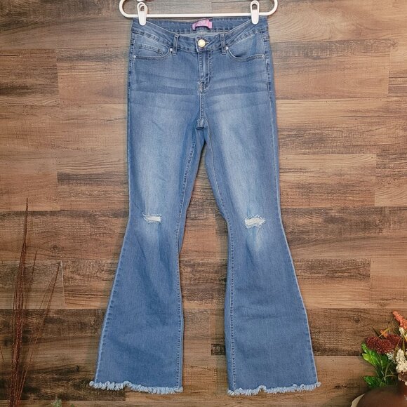 YMI Jeans Size 28 Flare Low Rise Raw Hem Ripped Medium Wash Stretch Western Boho - Picture 1 of 9